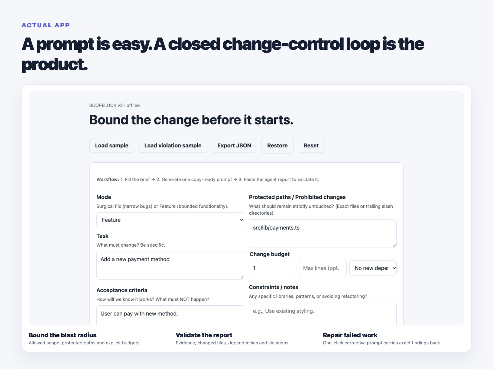 Actual SCOPELOCK v2.2 interface: task brief, change budget, and generated prompt