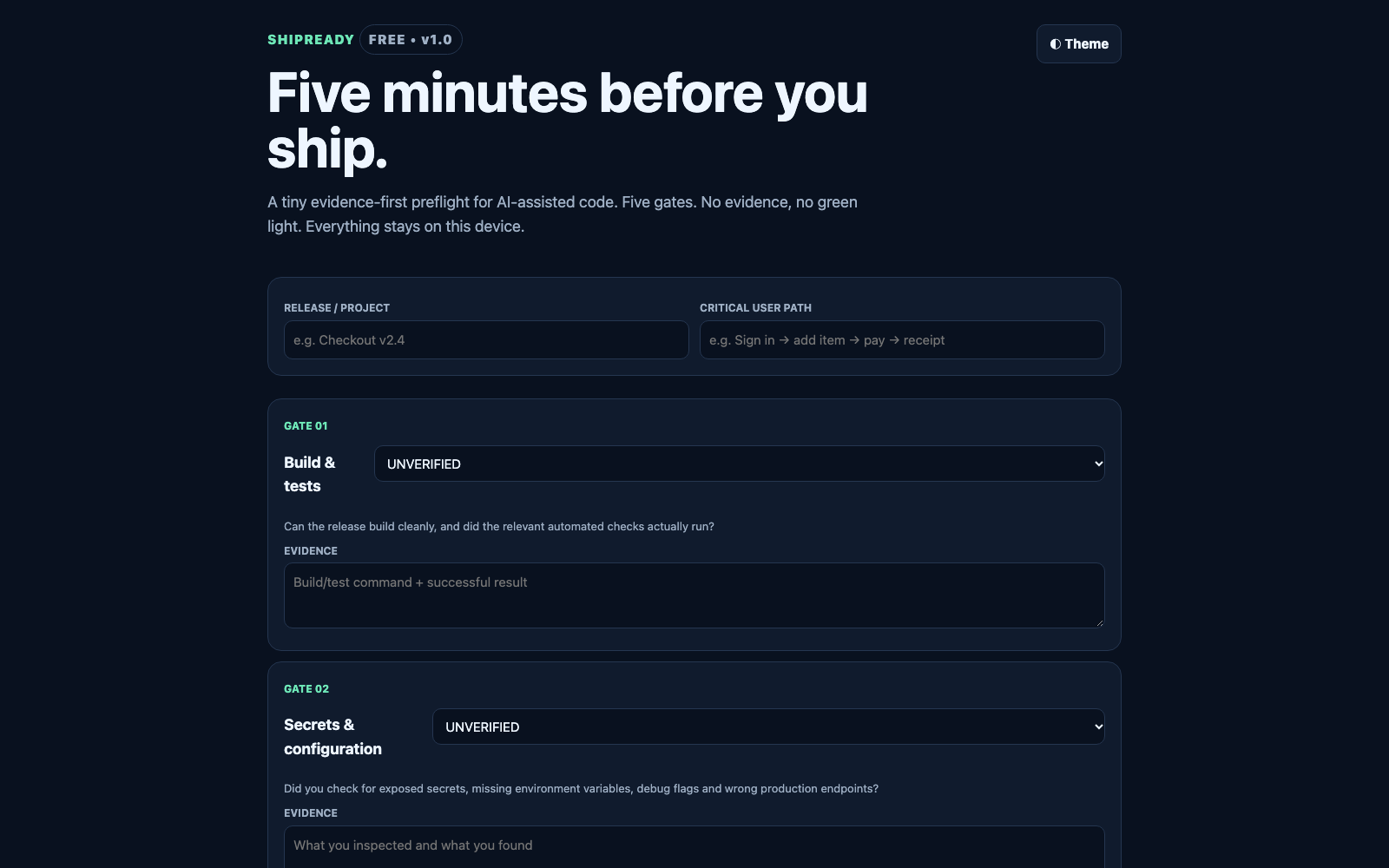 ShipReady interface showing five release gates