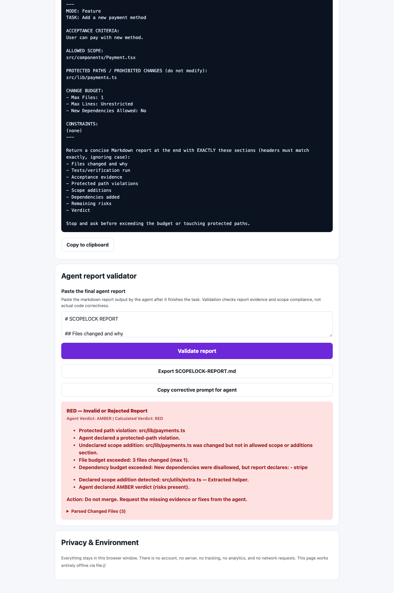 SCOPELOCK validator showing RED findings for protected-path and budget violations